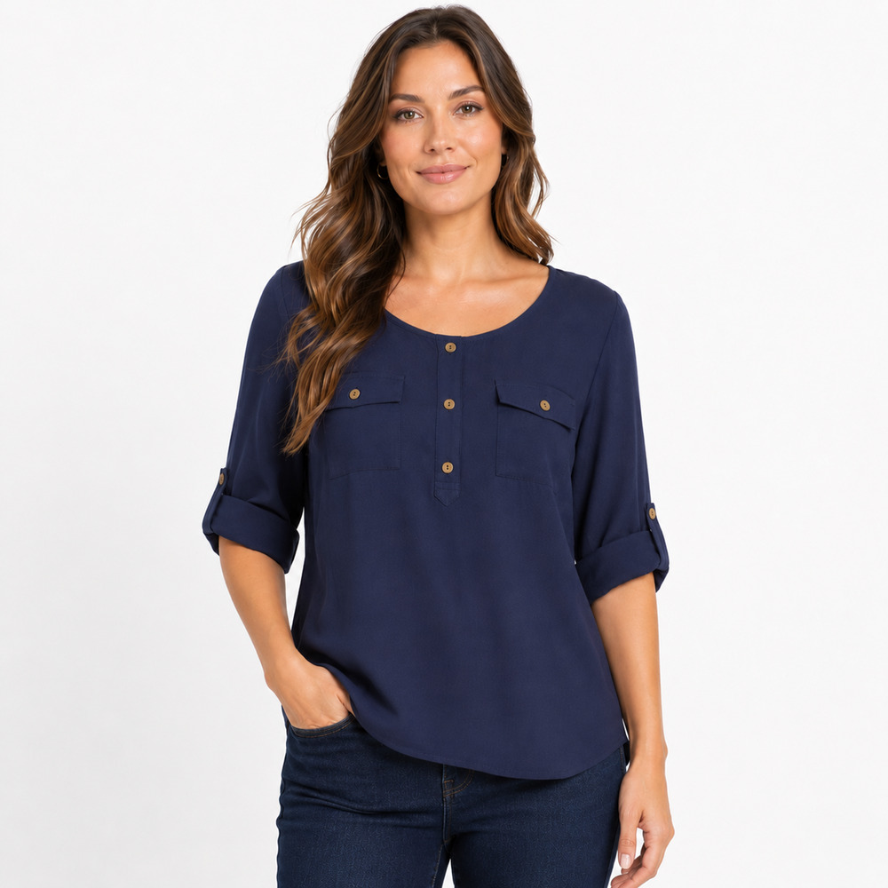 Miss Daisy Blouse Womens Large Navy Blue Rolll Tab Sleeve Button Back Pockets